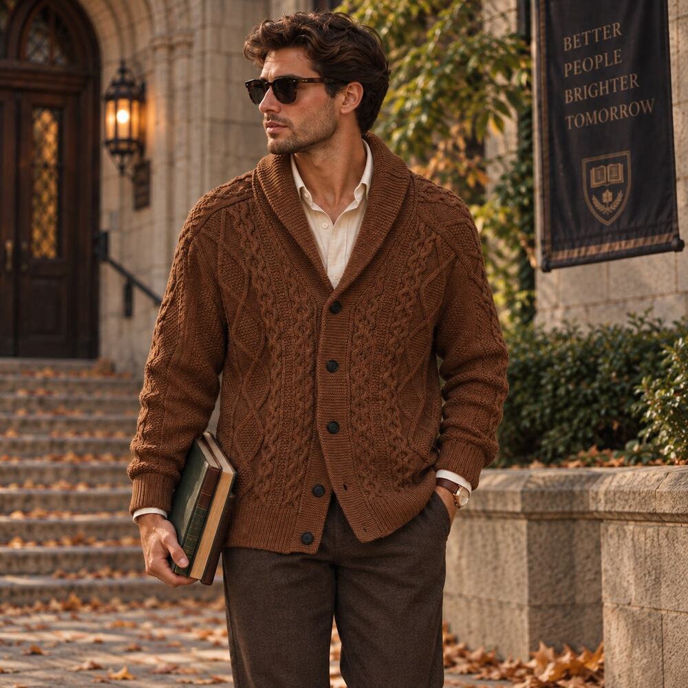 NWT Sz L Brown Cable Knit Shawl Collar Cardigan Sweater Dark Academia Grandpa
